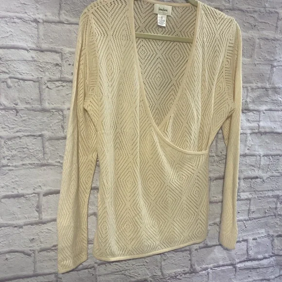 Neiman Marcus 100% Cashmere Lace Faux Wrap Beige Women’s Sweater Size XL - Picture 6 of 10